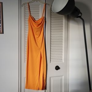 orange midi dress with corset top detail and slit